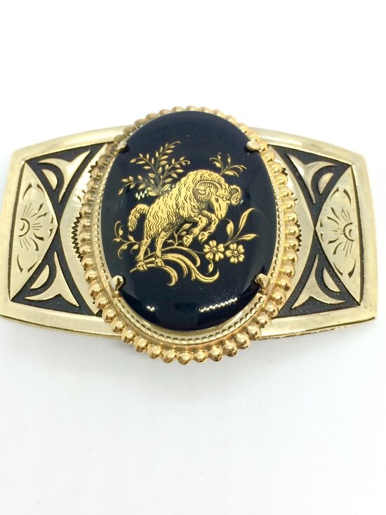 VINTAGE RAM BELT Buckle Aries Zodiac Black Gold Tone Enamel main image 8